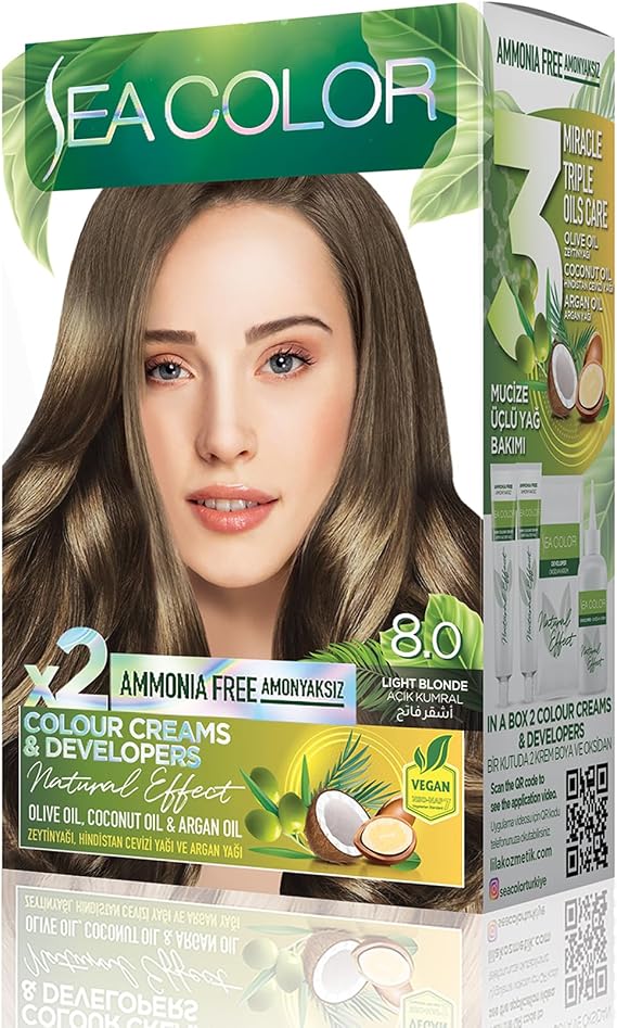 SEA COLOR Amonyaksız, Vegan, Doğal, Besleyici Kalıcı Saç Boyası%100 Beyaz Kapama (1 PAKET 2 x 50 ml Boya & OKSİDAN) (Açık Kumral 8.0)