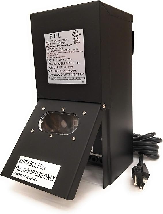 300W Watt Multi Tap 120 Volt AC to 12-15V Volt LED & Halogen - Low Voltage Landscape Lighting Indoor/Outdoor Weatherproof Transformer Power Pack w Digital Timer, Photocell Sensor - Black Metal Case