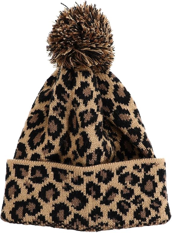 Leopard Printed Wool Beanie Hat Design Warm Knitted Cap for Women Coffee Color for Outdoor Activities Family Gatherings and Fashion Events