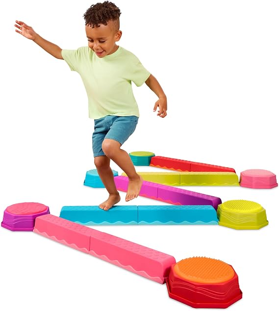 B. toys Balance Beam Set, 10 Beams & 6 Sensory Stepping Stones, Rainbow