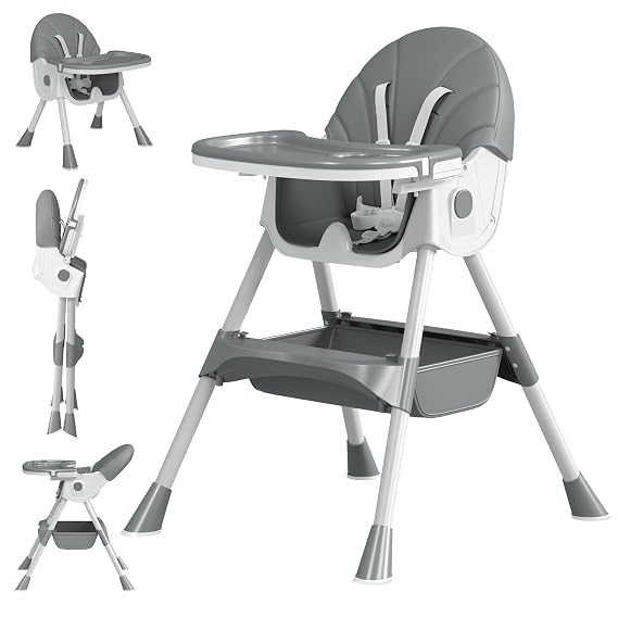 Baby High Chair, 5 in 1 High Chairs for Babies and Toddlers, Travel Foldable High Chair with Detachable PU Cushion, Double Removable Tray, Adjustable Height & Recline (Grey)