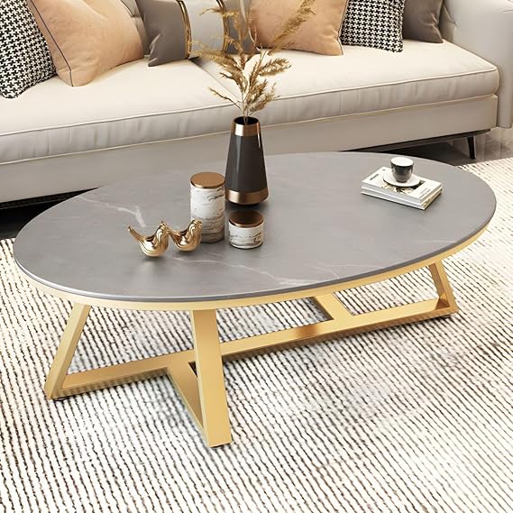 Faux Marble and Stone Coffee Table Cross Legs Cocktail Table Nordic Slate Oval Coffee Table Living Room Home Marble Coffee Table Grey Table Top Gold Table Base 39.5" L x 19.5" W x 18" H