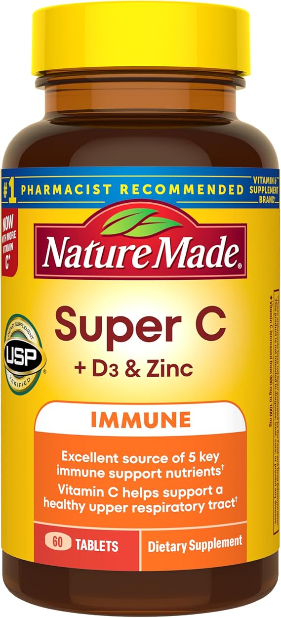 Nature Made Super C Tablets with Vitamin D3 and Zinc, 60 Tablets | Adult Vitamin C Immune Support Supplement, For Daily Immune Support and Antioxidant Support, 60 Day Supply