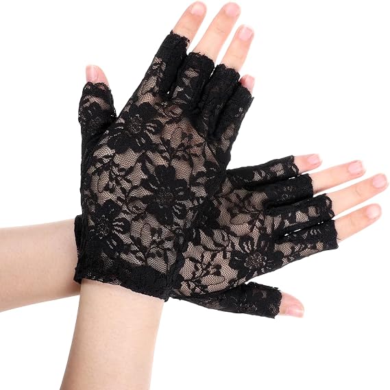 Women Short Lace Gloves Sunblock Fingerless Bridal Wrist Glove Black