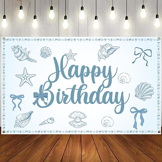 Coquette Blue Bow Seashell Ocean Beach Banner Backdrop 6 x 3.6 ft Seashell Birthday Party Decorations Coastal Birthday Decorations for Blue Bow Seashell Coastal Birthday Decor