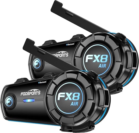 Fodsports FX8 AIR Motorrad Headset Motorrad Intercom für bis zu 6 Motorräder mit 1500m Reichweite AUX-Kabel unterstützt Audio-Mixing Musik-Sharing3 Soundeffekte FM Radio 2PACK