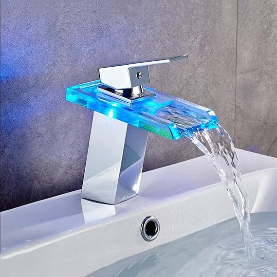 Waterfall Tap Led, Colour Changing LED Light Bathroom Waterfall Sink Taps, Brass Hot and Cold Basin Sink Mixer Tap, Single Handle Single Hole Bathroom Tap Faucet,Black