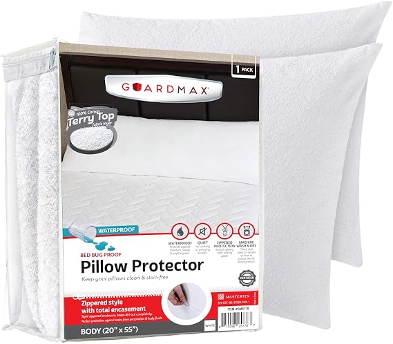 Guardmax Terry Cotton Pillow Protector with Zipper Body Size - 100% Waterproof, Bed Bug Proof, Dust Mite Proof, Hypoallergenic Pillow Covers - Premium Zippered Pillow Cases. (20 X 55)