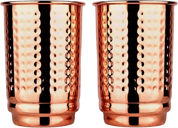 HealthGoodsIn Pure Copper Tumblers Set of 2 - Hammered Copper Tumblers and Copper Cups for water 11.8 oz (350 mL), Ayurvedic Copper Cups for Daily Use
