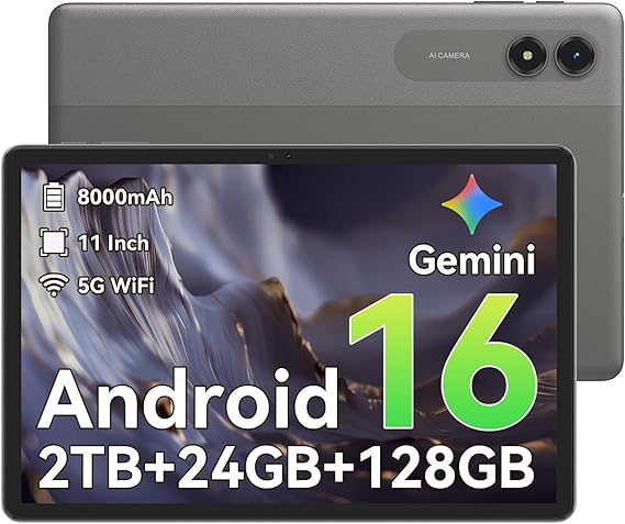 Android 16 Tablet,11 Inch Tablet with 24GB RAM 128GB ROM,Octa-Core T7250 Processor,90Hz Display,8000mAh Battery with Fast Charging & OTG Reverse Charge,Gemini AI Tablets,Smart Camera,