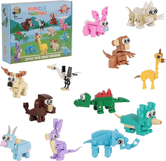 3 in 1 Mini Building Bricks Set - 12pcs Animals Blocks, Mini Toys Party Bag Fillers for Kids, Animal Building Fidget Toys for Children Ages 6-12+, Birthday Toys, Party Decorations Advent