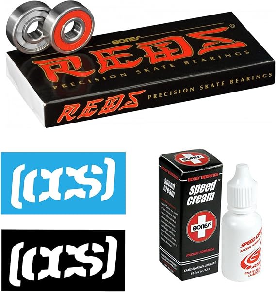 Bones Reds SkateboardLongboard Bearings 8 Packs WExtras Reds WSpeed Cream & CCS Stickers