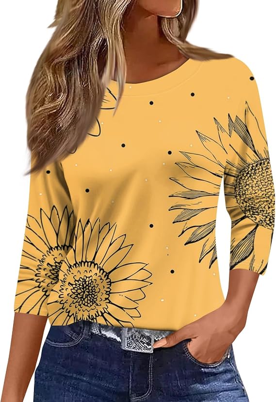 Womens Tops 3/4 Sleeve Dressy Casual Blouses Creweck Quarter Length Sleeve Shirts Fall Work Vacation Clothes