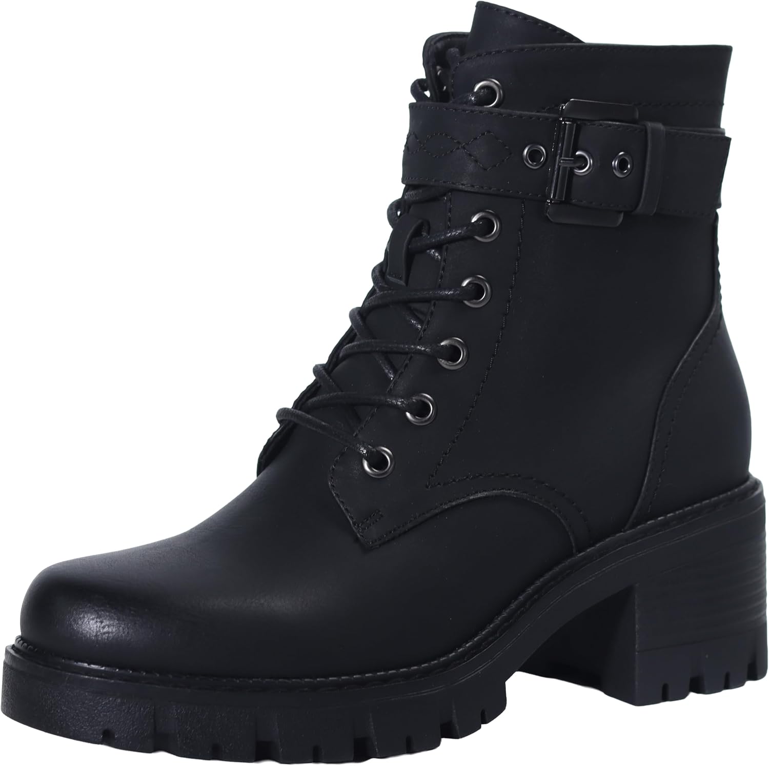 Womens Combat Boots Classic Lace-Up Ankle Booties with Side Zipper & Buckle, Chunky Mid Heel