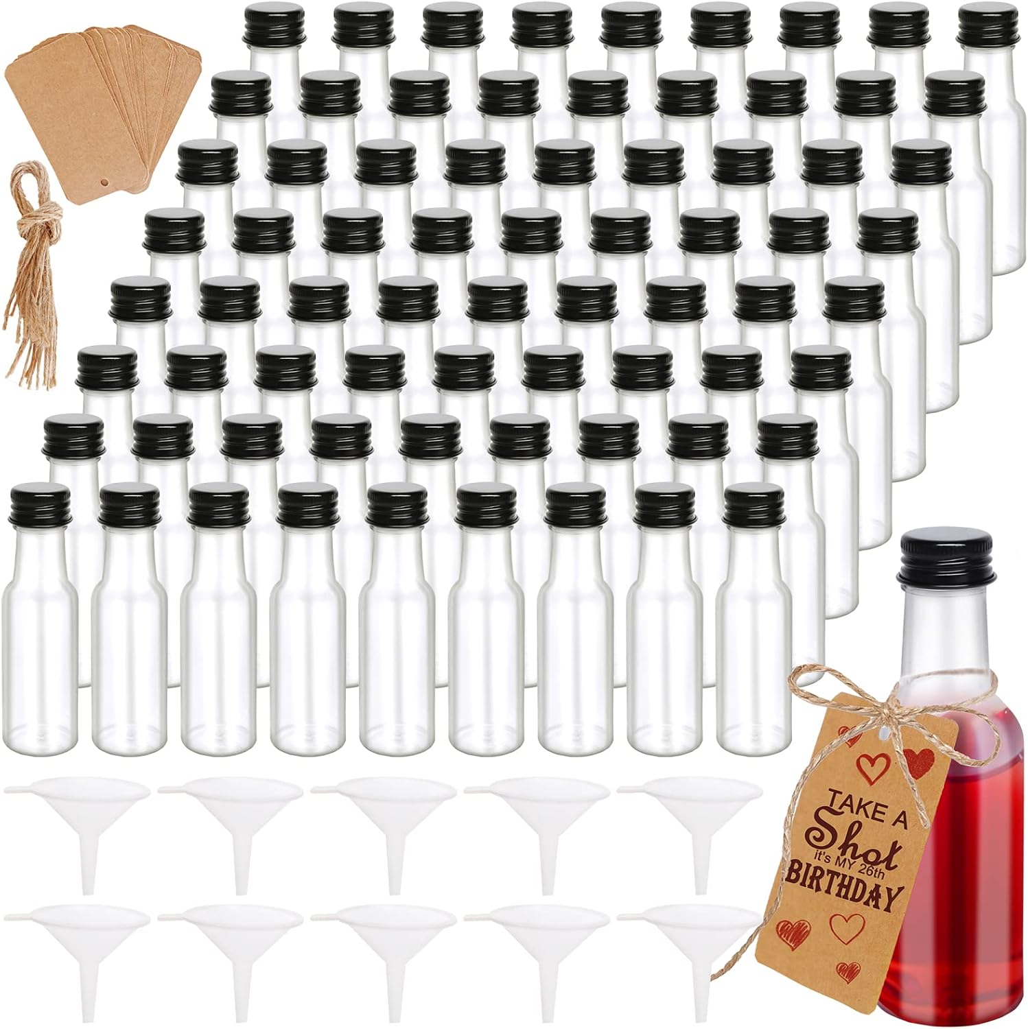 72 Pack Mini Liquor Bottles, Empty Plastic Spirit Bottles with Black Cap,1oz30ml Mini Alcohol Bottles with 10 Funnels, 72 Tag and Ropes, Miniature Bottles for Weddings,Party Favors