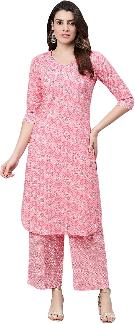 Idalia Light Pink Printed Straight Cotton Kurta Set for Women, Designer Kurta Sets for Wedding & Formal Occasions - V-Neck, 3/4th Sleeve, Calf-Length