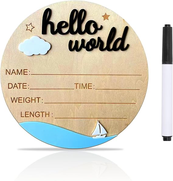 Baby Announcement Sign, 5.9 Inch Wooden Hello World Newborn Signs, Birth Announcement Sign and Pen, Clouds and Sailboats Decoration, Welcome Newborn Arrival to World, Hospital Nursery for baby (black)