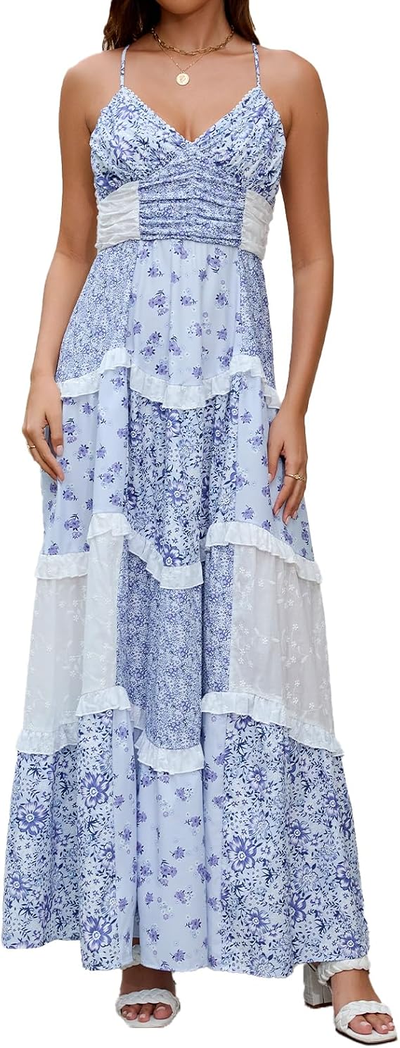 ABYOVRT Women Floral Maxi Dress Spaghetti Straps V Neck Patchwork Flowy Boho Sundress Tiered Long Dresses