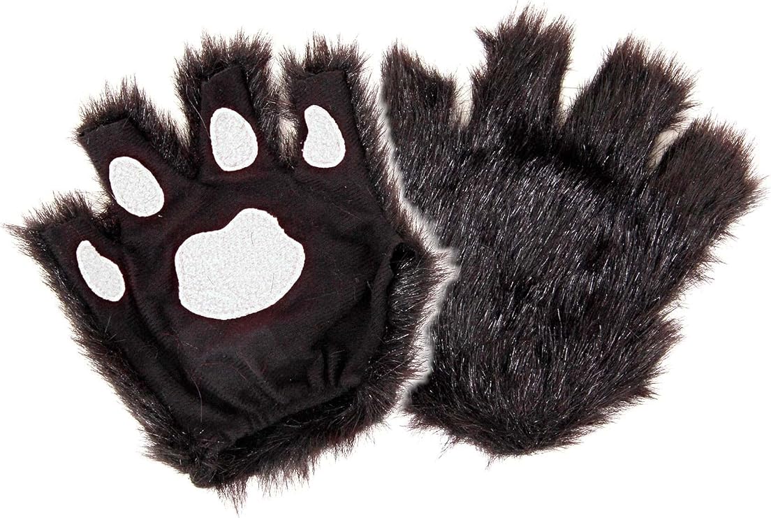 Fingerless Black Paws - Faux Fur Gloves with Fleece Paw Pads, One Size, Elastic Wrists