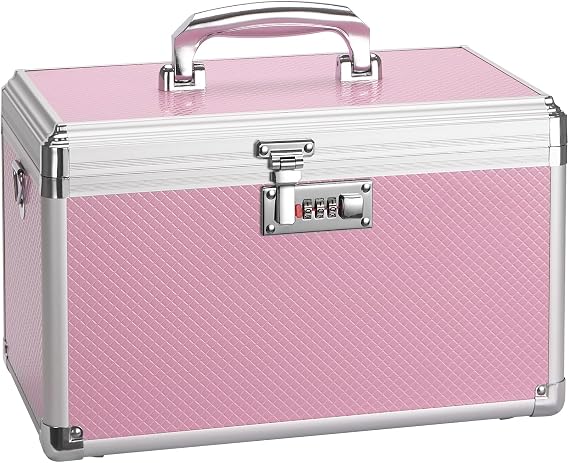 Lock Box for Medication - 11.2 x 7.6 x 7.12 Inch Medicine Organizer Case with Combination Lock, First Aid Kit Empty, Lockbox with Code, Portable Storage Box for Home School Bussiness, Pink