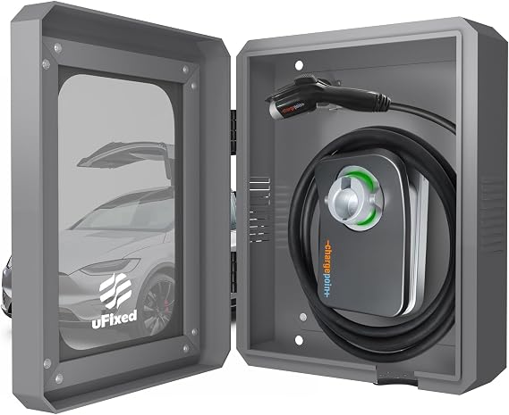 Outdoor EV Charger Wall Box with Lock & Holder, Tesla Charger Lock Box Home EV Charger Box, Weatherproof, Visible, Easy Installation, Gray