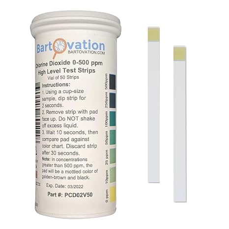 Bartovation Chlorine Dioxide Single Factor Test Strips, 0-500 ppm [Vial of 50 Strips]