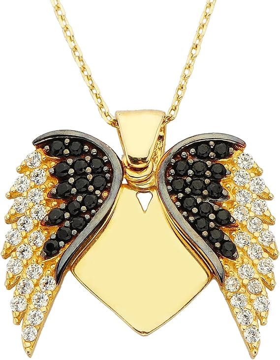 14K Real Solid Gold Elegant Double Angel Wings and Heart Personalized Pendant Necklace for Women | Custom Name Necklaces