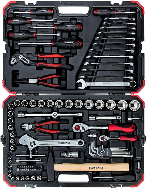 Carolus by Gedore red socket set 1/4 + 1/2 100-teilig With reversible ratchet ratchet socket wrench bit set hammer combination spanner and pliers