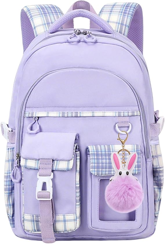 KEBEIXUAN School Bags for Girls, Kawaii Kids Primary School Backpack for Girls Age 6-12, Aesthetic Water-Resistant Plaid Rucksack (Purple)