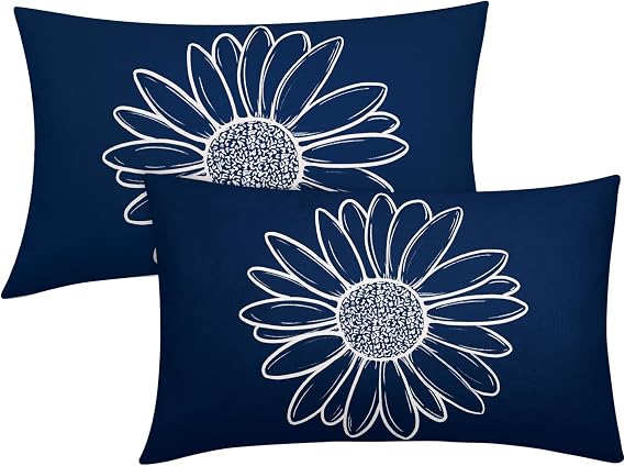 Spring Summer Daisy Flowers Lumbar Pillow Covers 12X20 Inch Navy Blue Floral Bloom Decorative Pillow Cases Seasonal Modern Cotton Linen Throw Pillows Set of 2 Farmhouse Home Decor For Sofa Couch
