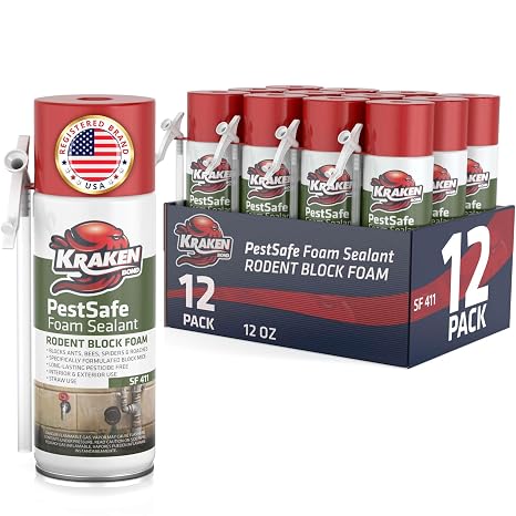 Kraken Bond Pestblokc Spray Foam Sealant - (12x12oz) Polyurethane Expanding Foam Sealant for Gaps & Cracks with Mothball Odor, Straw-Application, Paintable Foam Filler for Wall Holes - 12 Pack