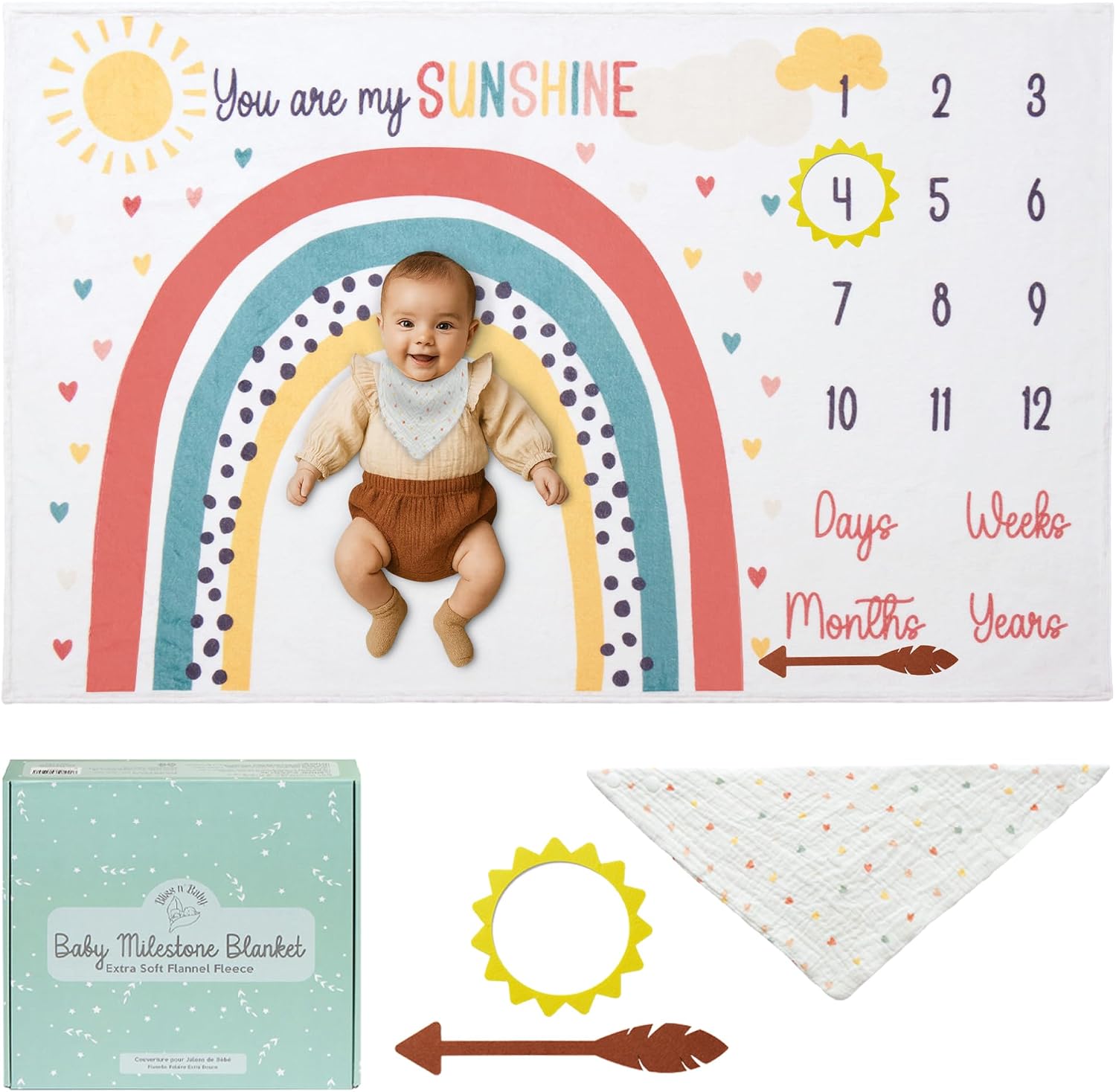 Bliss n Baby Monthly Milestone Blanket for Baby Girl - 60x40 - Wrinkle Free Newborn Age Month Blanket with Growth Chart - Washable & Dryable - wFrames & Cotton Bib - Boho Theme