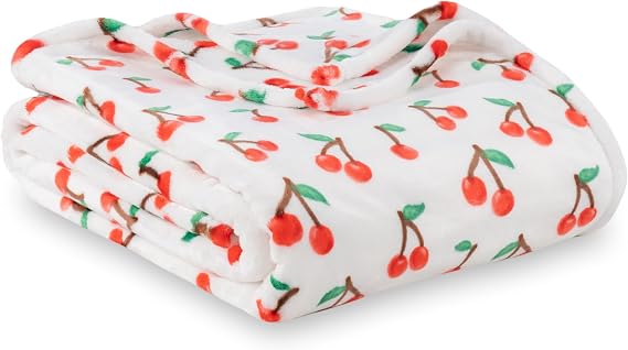 Berkshire Blanket-Classic Heavyweight Soft Printed VelvetLoft Plush Warm Blanket, Twin Size Soft Fuzzy Blanket for Couch Sofa Bed, Cherries Toss White, 60in x 90in