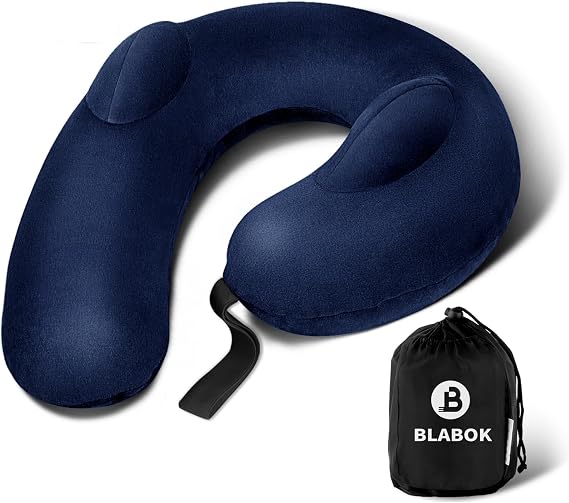 Inflatable Neck Pillow for Travel Travel Pillow Support Head and Neck, Soft Washable Velvet Cover, Compact Neck Support Pillow for Airplane (Dark Blue)