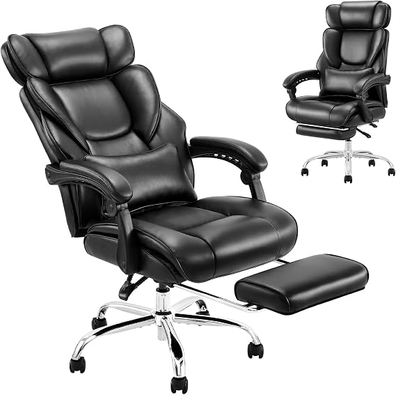 COLAMY Office Chair with Retractable Footrest, Ergonomic High Back Design Executive Computer Desk Chair with Removable Lumbar Pillow, 90-135Reclining, Thick Bonded Leather for Home Office Work, Black