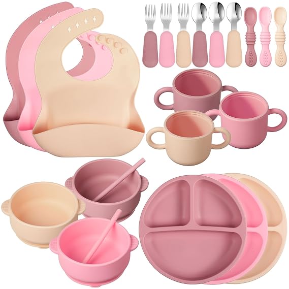 Yinder 24 Pack Silicone Baby Feeding Set, Baby Led Weaning Set, Rose