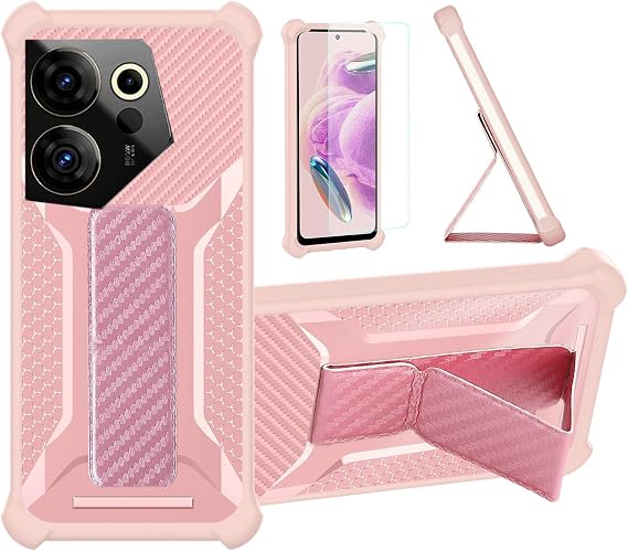 Aroepurt Case for Tecno Camon 20 Premier 5G Phone Case Stand Cover [with Tempered Glass Screen Protector] Hybrid Case [Folding Support Magnetic] [Frosted Anti-Fingerprint] Pink