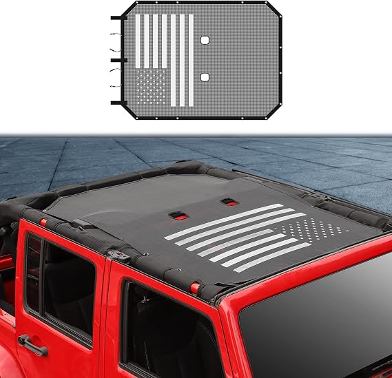 Voodonala for Jeep JKU Sunshade Mesh Sun Shade Bikini Top Sunblock Mesh Heat Shield Mesh for 2007-2018 Jeep Wrangler JKU 4 Door, Block Heat Block UV Rays Flag