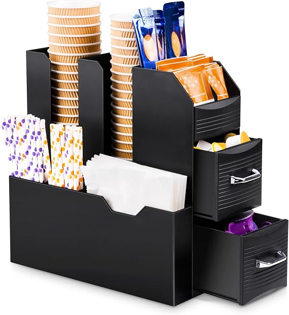 SZQINJI Coffee Condiment Organizer 11-Compartment Countertop 2-Drawer Black | All-in-One Coffee Bar Caddy, Coffee Station Storage for Breakroom, Office Kitchen & Pantry