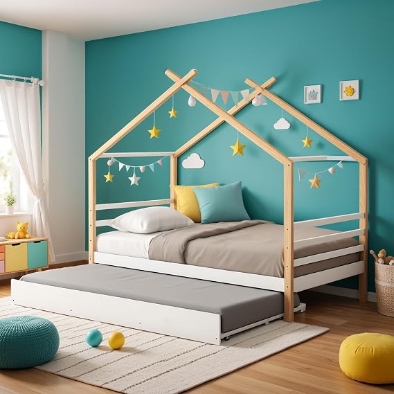Twin House Bed with Trundle, Twin Size Wood Montessori Tent Platform Bed Frame with Safety Guardrail, Low Teepee Kids Bed with Wood Slat Support for Boys Girls Teens, No Box Spring Needed