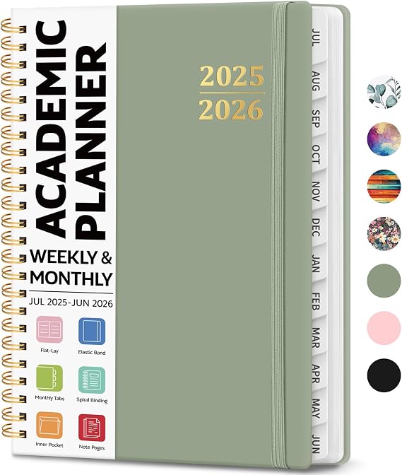 Academic Planner 2025-2026, Weekly and Monthly Calendar Planner Book, July 2025 June 2026, Hardcover Organizer with Tabs, Perfect for Teachers, Students, Women & Men, A5 (6.4" x 8.5") - Green