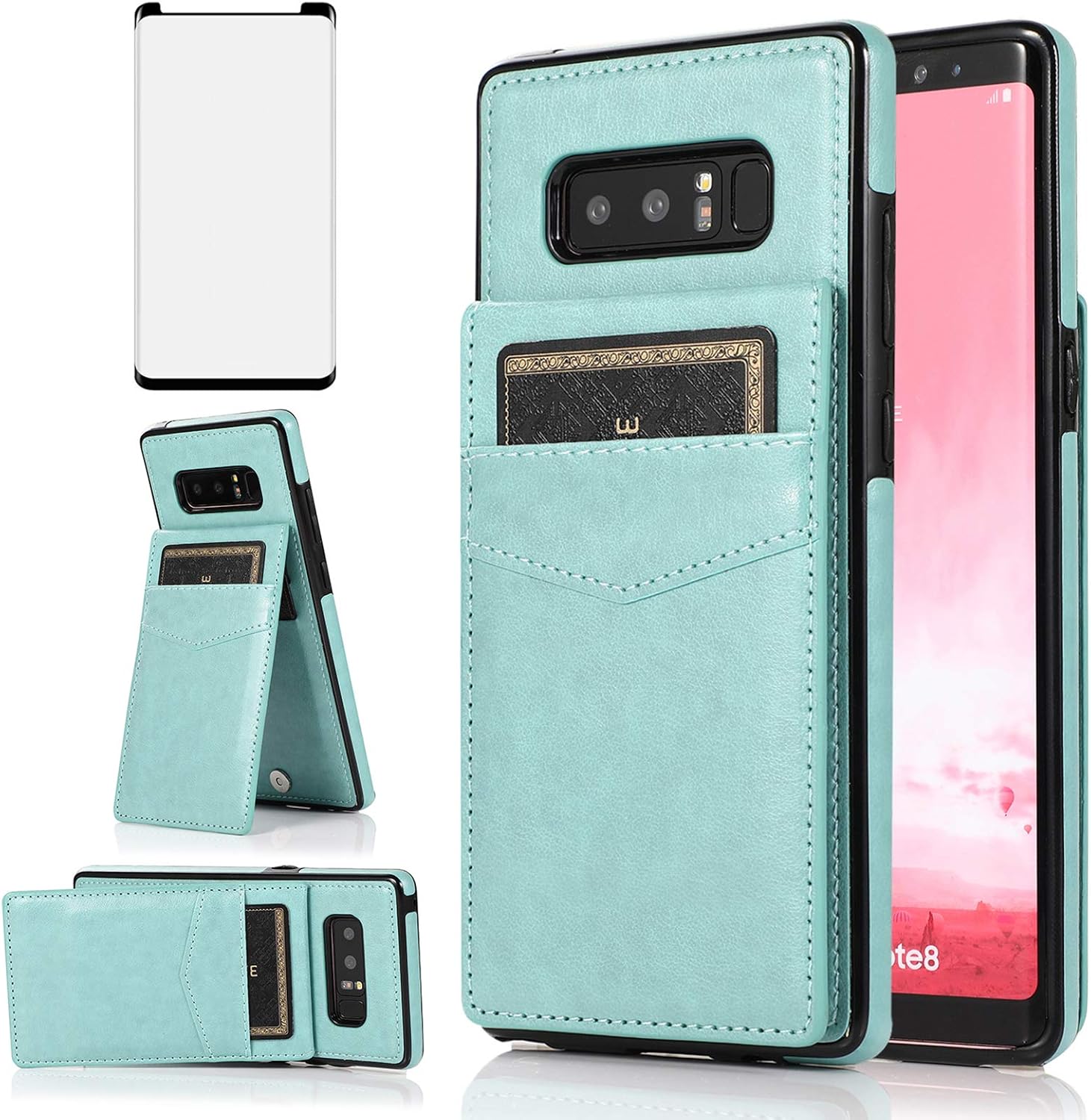 Phone Case for Samsung Galaxy Note 8 with Tempered Glass Screen Protector and Credit Card Holder Wallet Cover Stand Leather Cell Accessories Glaxay Note8 Not S8 Galaxies Gaxaly Cases Women Men Black
