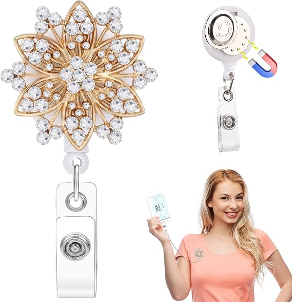 Flower Magnetic Badge Holder Retractable Badge Reel Diameter 1.77" Rhinestone Badge Reel Magnetic ID Badge Clip Magnet Name Tag Holder for Shirt Nurse Teacher Doctor Office with 24 Inch Pull Cord