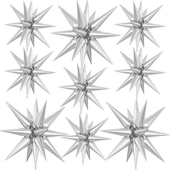 9Pcs Silver Star Balloons, Large Explosion Star Foil Balloons, Metallic Silver Spike Balloon for Birthday Wedding Anniversary New Year Christmas Graduation Party, 3 Pcs 27Inch & 6 Pcs 22Inch
