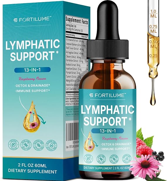 Liposomal Lymphatic Drainage Drops, 13 in 1 Lymphatic Support Drops with Elderberry & Echinacea, Immune & Lymph System Support, Raspberry Flavor, 2 Fl.Oz (30 Servings)