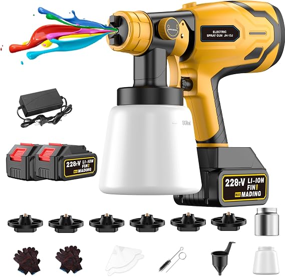 Cordless Paint Sprayer for 21V Battery Brushless Paint Gun, Electric Paint Sprayer for Furniture and House Painting, Paint Sprayers for Home Interior, Fence, Cabinets(2 Battery Included) (Yellow)