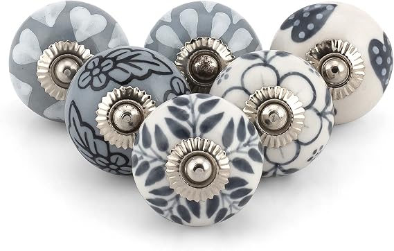 Craft Trade Grey Door Cabinet Knobs for Dresser Drawer Vintage Closet Ceramic Knob Pull Handles Cupboard Wardrobe Knobs for Kitchen Furniture Home Décor - Pack of 06