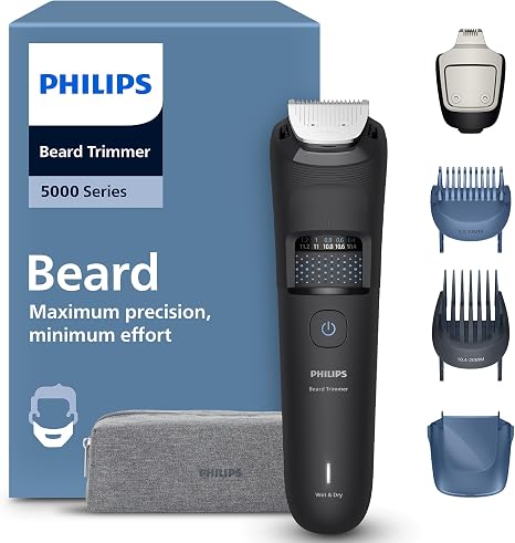 Philips Beard Trimmer 5000 Series - Self-Sharpening Metal Blades 40 Length Settings BeardSense Technology Hair Collector 100% Waterproof Travel Case Model BT5765/15