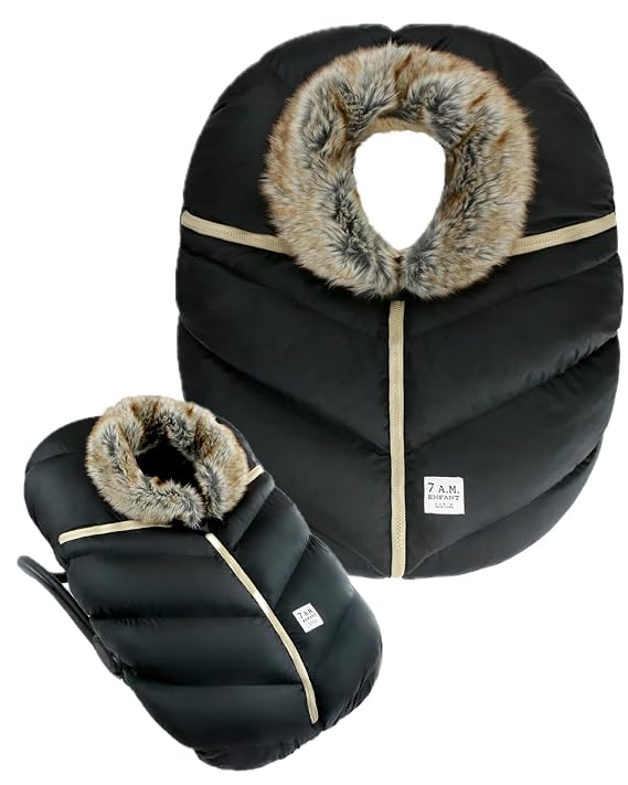 7AM Enfant Car Seat Covers - Cocoon Baby Cover for Boys & Girls, Rain & Snow Repellent, Breathable Windproof, Center Zipper, Universal Fit for Infant Car Seat (0-12M) (Black Faux Fur)