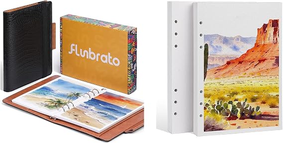 Watercolor Sketchbook A5 Bundle with Refill Paper, 100% Cotton Cold Press 300GSM 140LB, 24 Sheets + 48 Sheets Cold Press Refill, Dual-Sided Texture, Refillable Journal for Mixed Media